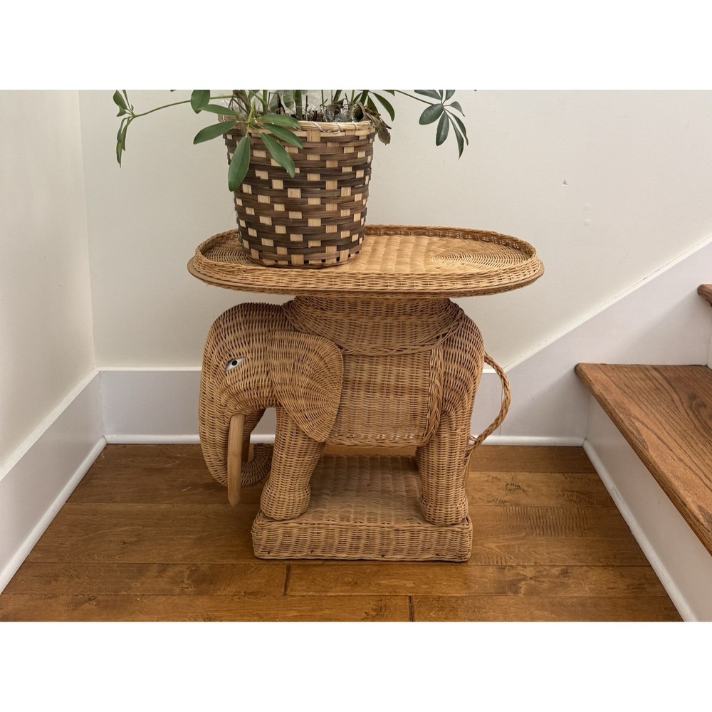 Vintage Wicker Elephant Accent Table Removable Tray Plant Stand Boho Rattan Deco - Picture 2 of 11